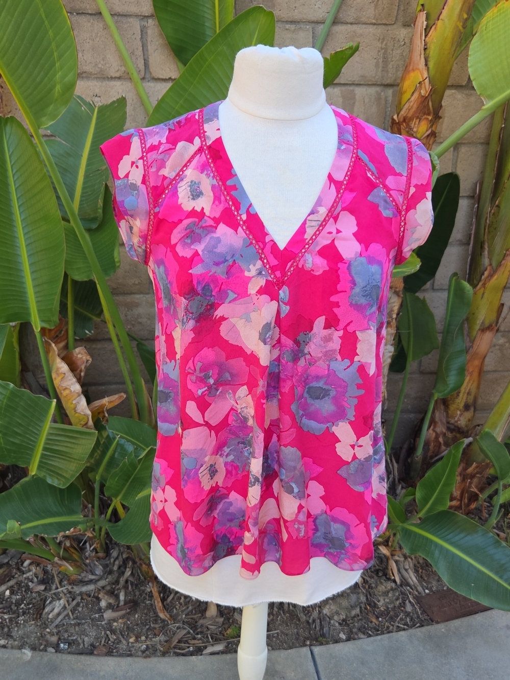Rebecca Taylor Flower Press Silk Floral Cap Sleeve Blouse Top Pink Size 0
